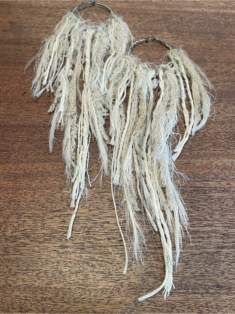 Boho Chic Shoulder Duster Fringed Hoop Earrings in Natural Cream 10 inches